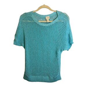 Chico's Sweater Women's Size Medium Knit Short Sleeve Blue Chicos‎ 1